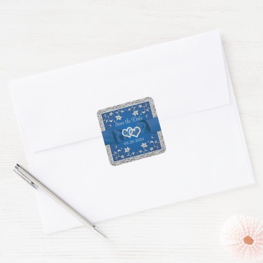 Blauw, Grijs Liefde Harten Bruiloft Save the Date Vierkante Sticker (Envelop)