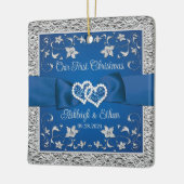 Blauw, Grijs Liefde Hartjes Bruiloft 1e Kerstmis Keramisch Ornament (Links)
