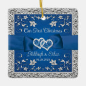 Blauw, Grijs Liefde Hartjes Bruiloft 1e Kerstmis Keramisch Ornament (Voorkant)