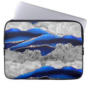 BLAUW GRIJS MARMER AGAAT ZILVER GLITTER GLAM LAPTOP SLEEVE