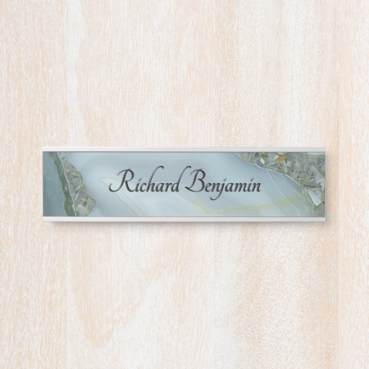 Blauw Grijs Marmer met Gouden Ader Zwarte Script Deurbordje (Voorkant)