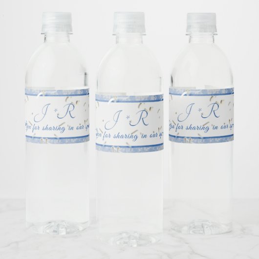 Blauw & Grijs Marmer Monogramed Waterfles Etiket (Flessen)