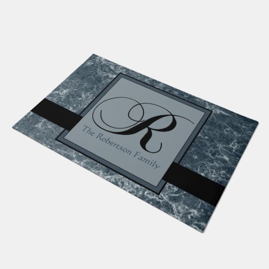 Blauw grijs marmer zwart monogram R Naam toevoegen Deurmat (Schuin)