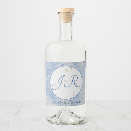 Blauw & Grijs Marmered met Monogram Likeurfles Etiket (Voorkant)