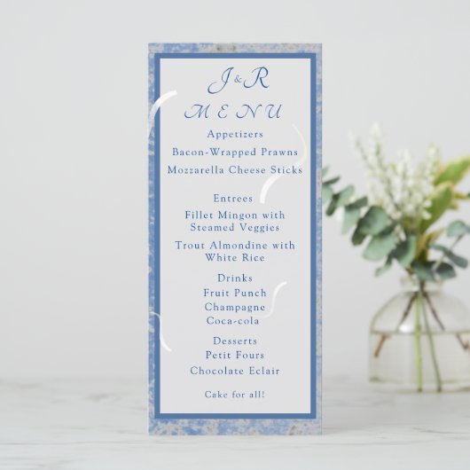 Blauw & Grijs Marmeren Monogram Bruiloft Menu Kaar (Staand voorkant)