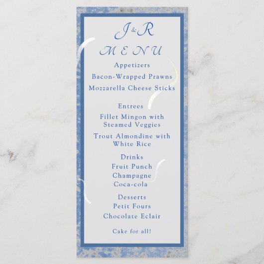 Blauw & Grijs Marmeren Monogram Bruiloft Menu Kaar (Voorkant)