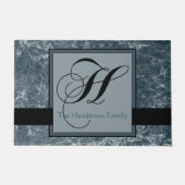 Blauw Grijs Marmeren Patroon Zwart Monogram H Naam Deurmat (Voorkant)