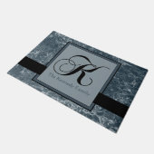 Blauw Grijs Marmeren Patroon Zwart Monogram K Naam Deurmat (Schuin)