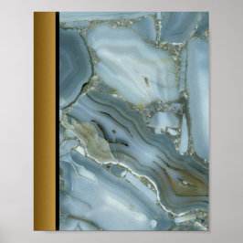 Blauw Grijs Marmeren Steen/Zwart Gouden Rand Art Poster