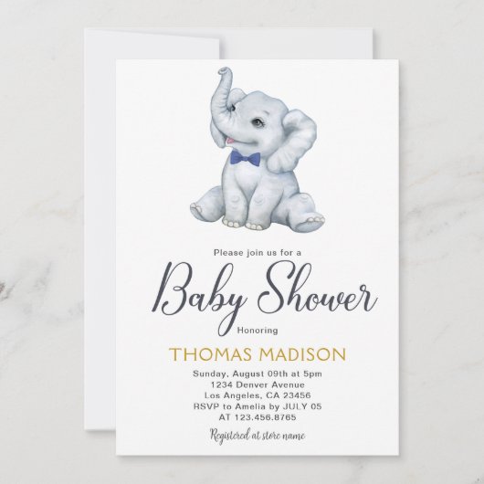 Blauw Grijs Olifant Baby Jongen Douche Kaart (Voorkant)