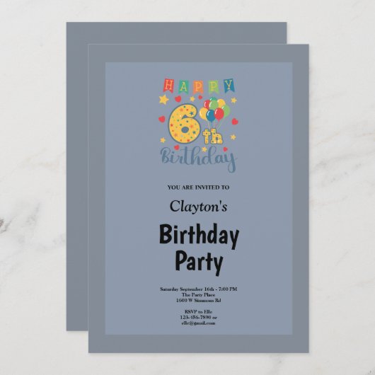 Blauw/grijs omgeven 6e verjaardag van de uitnodigi kaart (Voorkant / Achterkant)