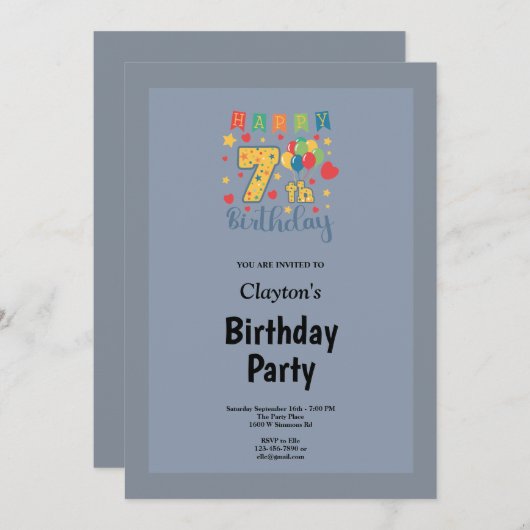 Blauw/grijs omgeven 7e verjaardag uitnodiging (Voorkant / Achterkant)