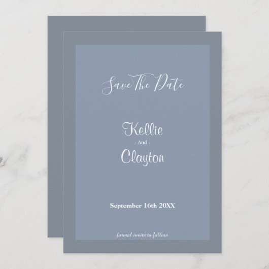 Blauw/grijs omhuld slaat de datum op save the date (Voorkant / Achterkant)