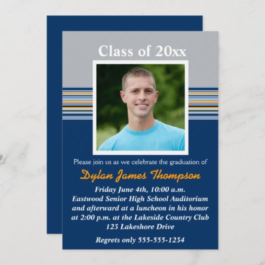 Blauw, grijs, Oranje Foto Afstuderen Uitnodiging (Voorkant / Achterkant)