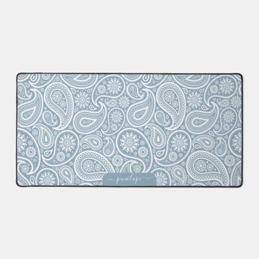 Blauw-grijs paisley patroon aangepaste monogram bureaumat (Voorkant)