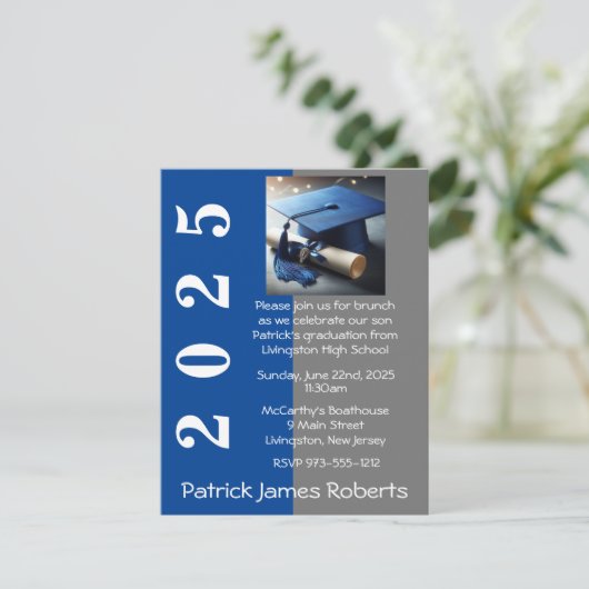 Blauw & Grijs Pet Design Afstuderen Invitation Kaart (Staand voorkant)