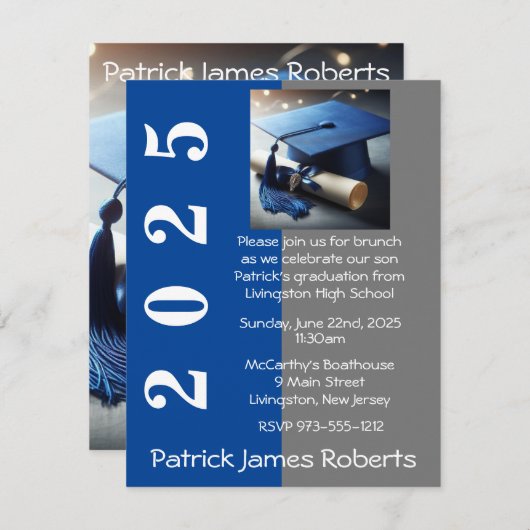 Blauw & Grijs Pet Design Afstuderen Invitation Kaart (Voorkant / Achterkant)