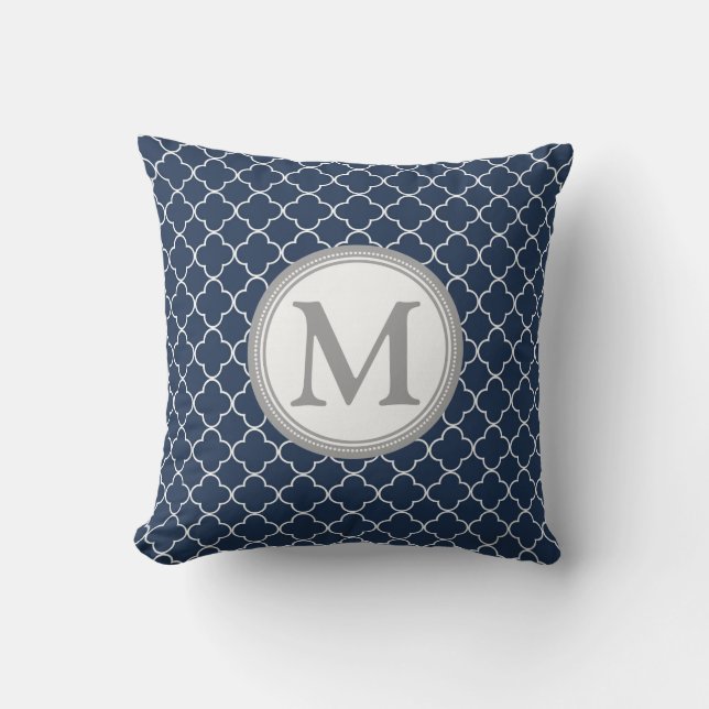 Blauw grijs Quatrefoil monogram Decoratief Pillow Kussen (Voorkant)