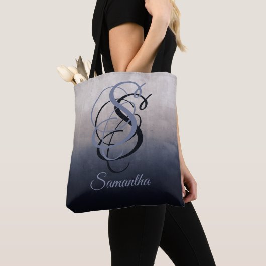 Blauw Grijs rustiek monogram ombre Tote Bag (Dichtbij)