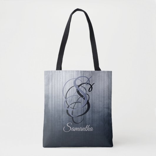 Blauw Grijs rustieke monogram ombre gestreept Tote Bag (Voorkant)