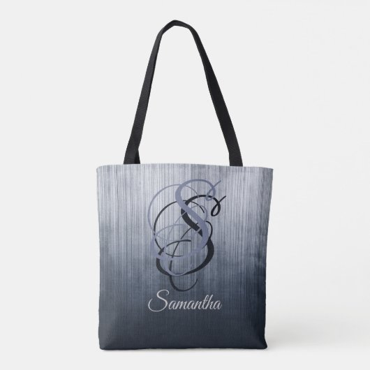 Blauw Grijs rustieke monogram ombre gestreept Tote Bag (Achterkant)