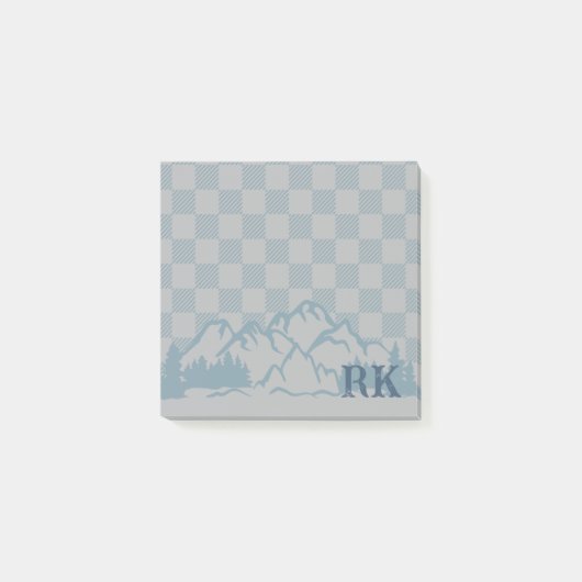 Blauw Grijs Rutpatroon Rustieke Bergen Monogram Post-it® Notes (Voorkant)