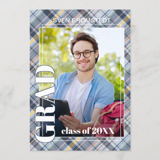 Blauw Grijs Schots Geruit Afstuderen Aankondiging (Voorkant)