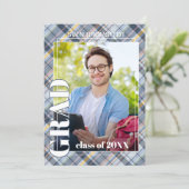 Blauw Grijs Schots Geruit Afstuderen Aankondiging (Staand voorkant)