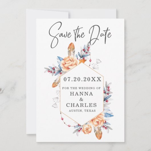 Blauw Grijs Sinaasappel Bloemen Geometrisch Lijst  Save The Date (Voorkant)