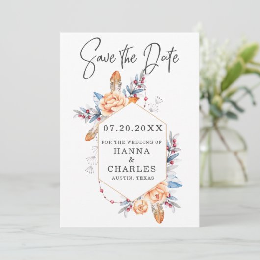 Blauw Grijs Sinaasappel Bloemen Geometrisch Lijst  Save The Date (Staand voorkant)