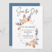 Blauw Grijs Sinaasappel Bloemen Geometrisch Lijst Save The Date (Voorkant / Achterkant)