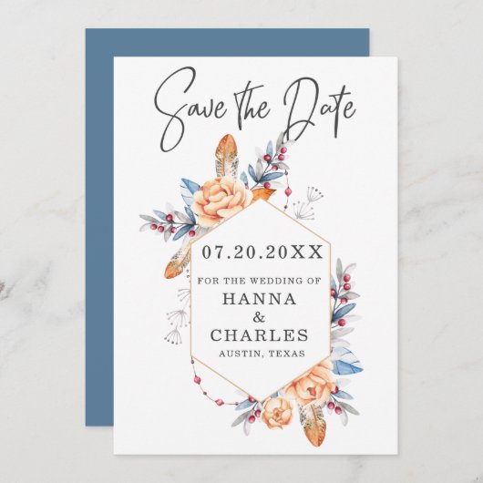 Blauw Grijs Sinaasappel Bloemen Geometrisch Lijst  Save The Date (Voorkant / Achterkant)