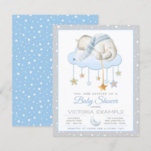 Blauw Grijs Slaapstand Olifant Baby Shower Uitnodi Kaart