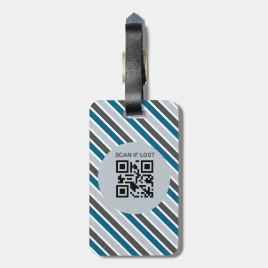 Blauw Grijs Strepen Initiaal QR Code Modern Bagagelabel (Achterkant verticaal)