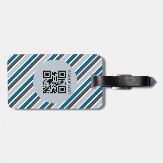 Blauw Grijs Strepen Initiaal QR Code Modern Bagagelabel (Achterkant horizontaal)