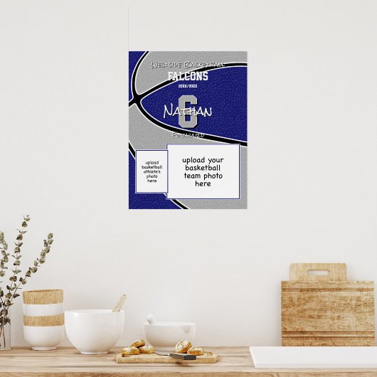 Blauw Grijs Team Kleuren Basketbal Team Foto Poster (Keuken)