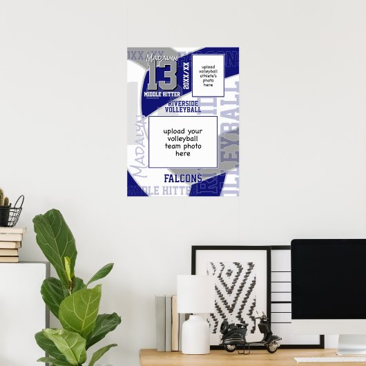 Blauw Grijs Team Kleuren Volleybal Team Foto Poster (Thuiskantoor)