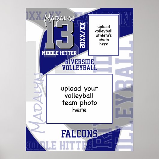 Blauw Grijs Team Kleuren Volleybal Team Foto Poster (Voorkant)