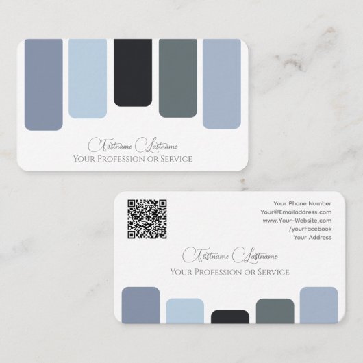 Blauw grijs tinten kleurenpalet kalligrafie QR-Cod Visitekaartje (Voorkant / Achterkant)