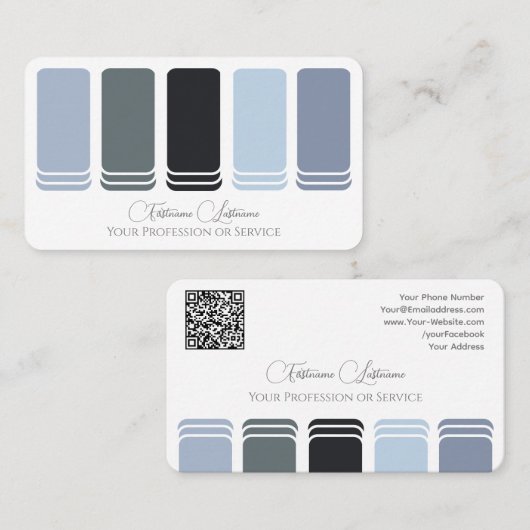Blauw grijs tinten kleurenpalet kalligrafie QR-Cod Visitekaartje (Voorkant / Achterkant)