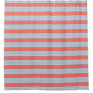 Blauw-grijs vijf stripe patronen met levend koraal douchegordijn