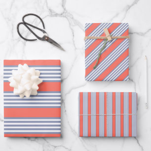Blauw-grijs vijf stripe patronen met levend koraal inpakpapier vel