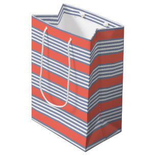 Blauw-grijs vijf stripe patronen met levend koraal medium cadeauzakje