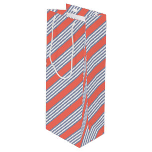 Blauw-grijs vijf stripe patronen met levend koraal wijn cadeautas