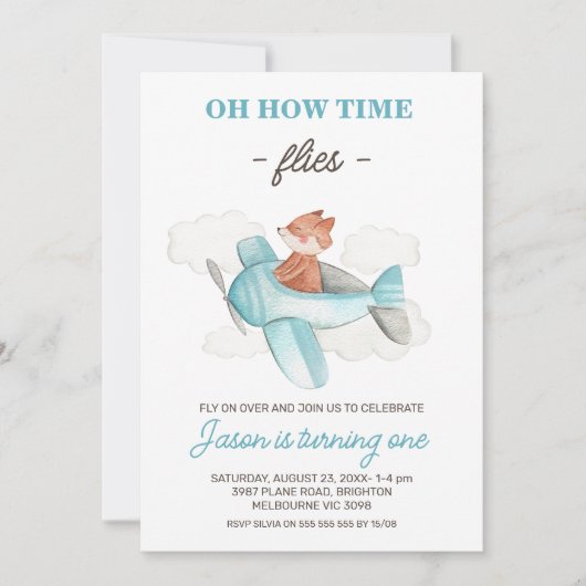 Blauw grijs vliegtuig Hoe de tijd vliegt 1e verjaa Kaart (Voorkant)