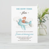 Blauw grijs vliegtuig Hoe de tijd vliegt 1e verjaa Kaart (Staand voorkant)