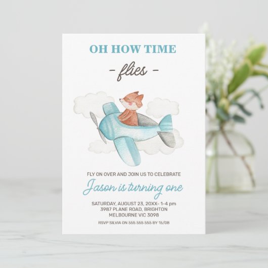 Blauw grijs vliegtuig Hoe de tijd vliegt 1e verjaa Kaart (Staand voorkant)
