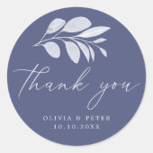 Blauw Grijs Waterverf Leaf Bruiloft Dank u Ronde Sticker (Voorkant)