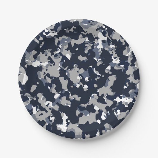 Blauw Grijs Wit Camouflage Camo Patroon Feest Papieren Bordje (Voorkant)