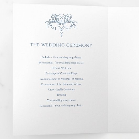 Blauw grijs wit fleur de lis kunst bruiloft progra drieluik programma (Binnenzijde eerst)